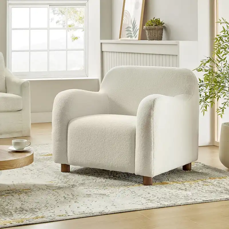 Fauteuil d'appoint rembourré Bouclé avec pieds en noyer massif