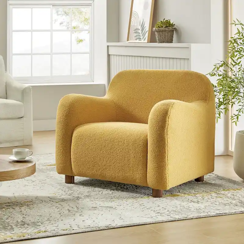 Fauteuil d'appoint rembourré Bouclé avec pieds en noyer massif