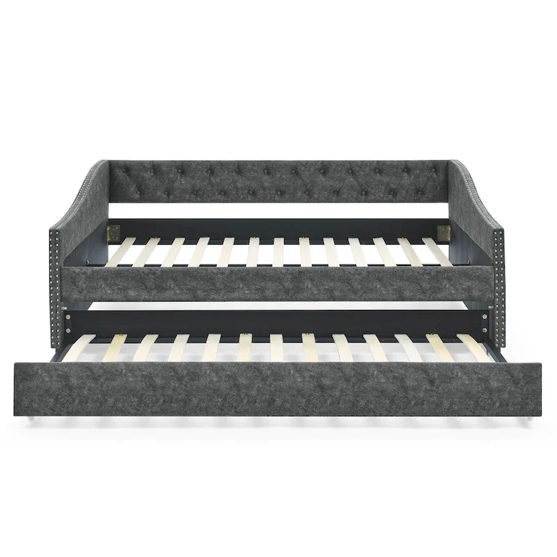 Lit de repos tapissé capitonné avec dossier capitonné à boutons et garniture cloutée, Gris et Beige