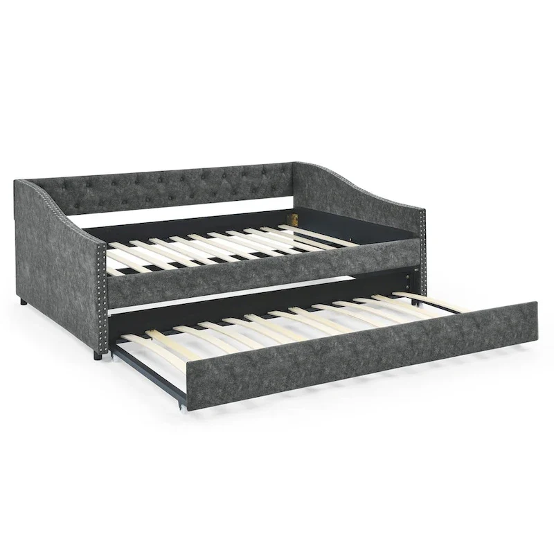 Lit de repos tapissé capitonné avec dossier capitonné à boutons et garniture cloutée, Gris et Beige