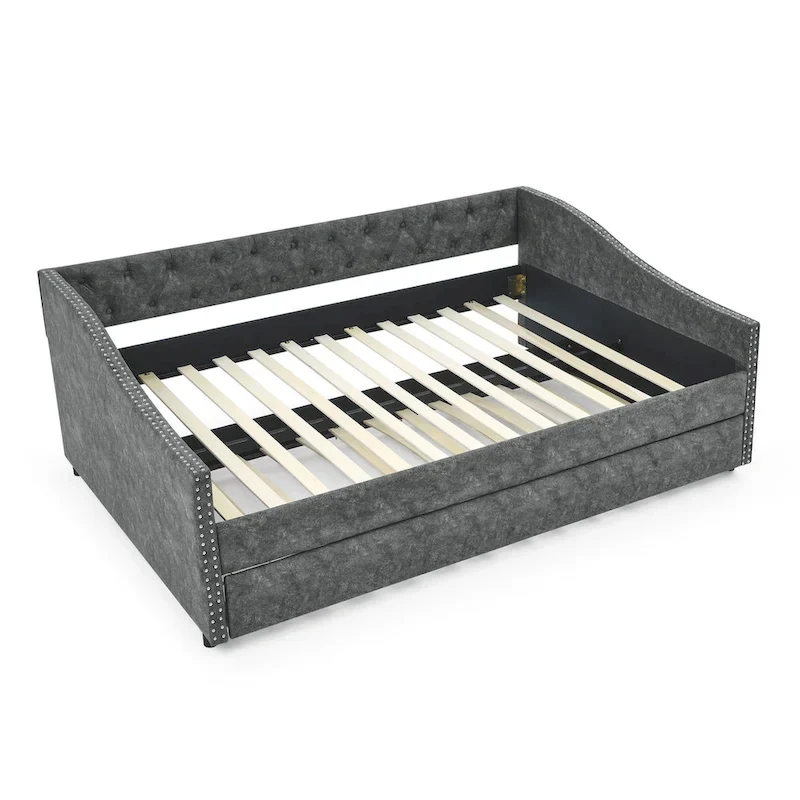 Lit de repos tapissé capitonné avec dossier capitonné à boutons et garniture cloutée, Gris et Beige