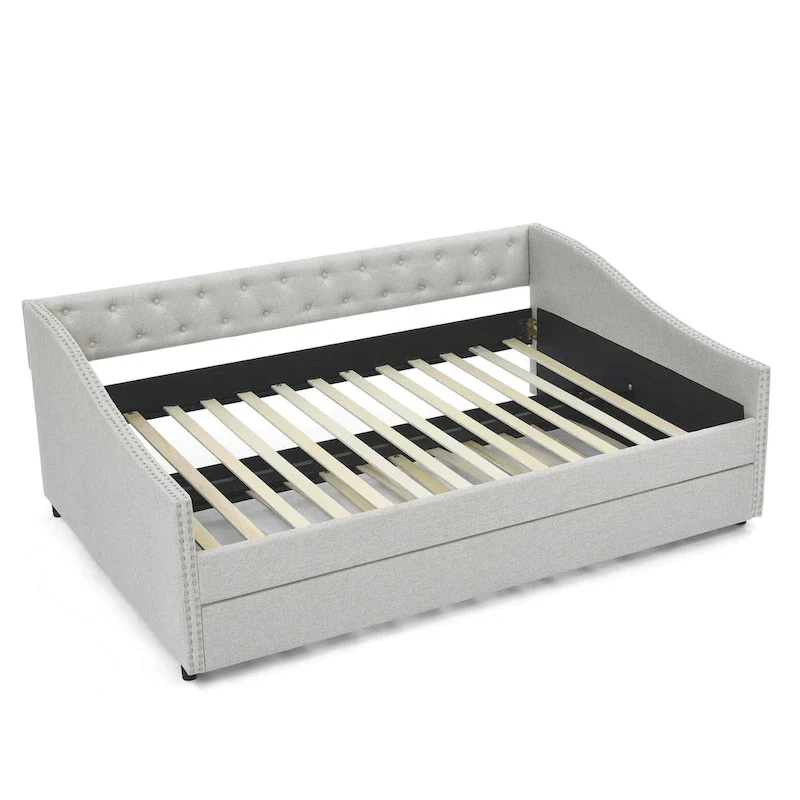 Lit de repos tapissé capitonné avec dossier capitonné à boutons et garniture cloutée, Gris et Beige