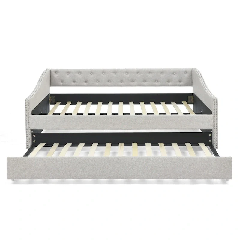 Lit de repos tapissé capitonné avec dossier capitonné à boutons et garniture cloutée, Gris et Beige
