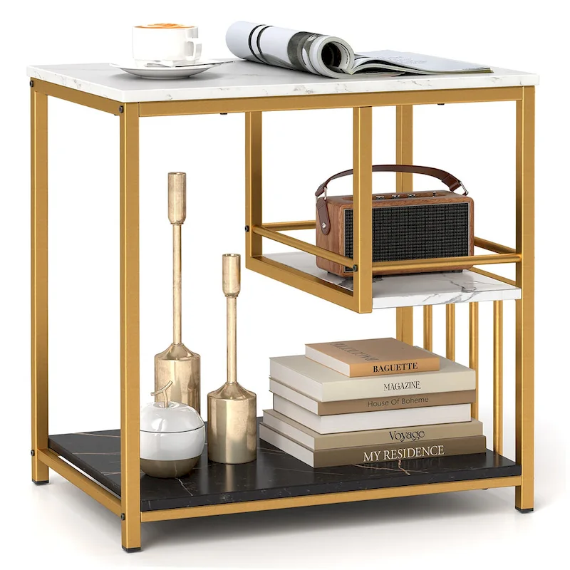 Table d'appoint à 3 niveaux effet marbre avec cadre en métal doré et étagères de rangement