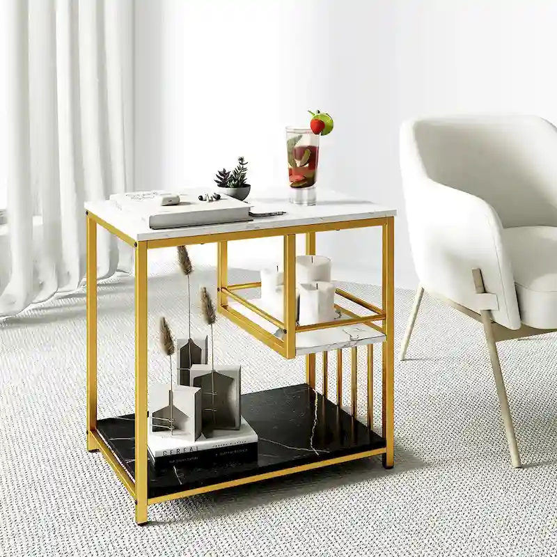 Table d'appoint à 3 niveaux effet marbre avec cadre en métal doré et étagères de rangement