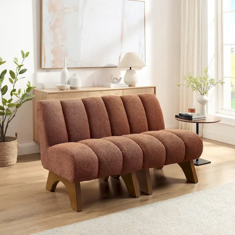 Causeuse moderne sans accoudoirs en tissu bouclé avec pieds en bois
