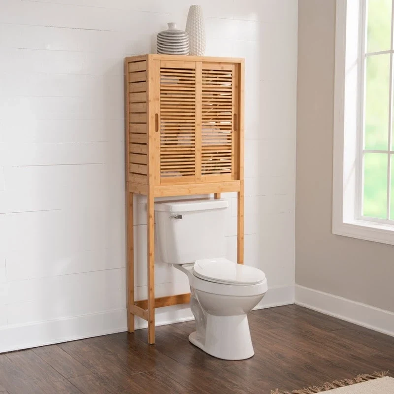 Meuble de rangement WC en bambou avec portes coulissantes finition naturelle