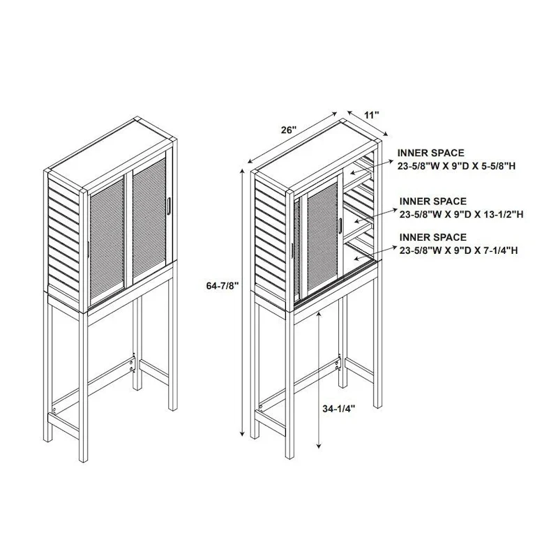 Meuble de rangement WC en bambou avec portes coulissantes finition naturelle