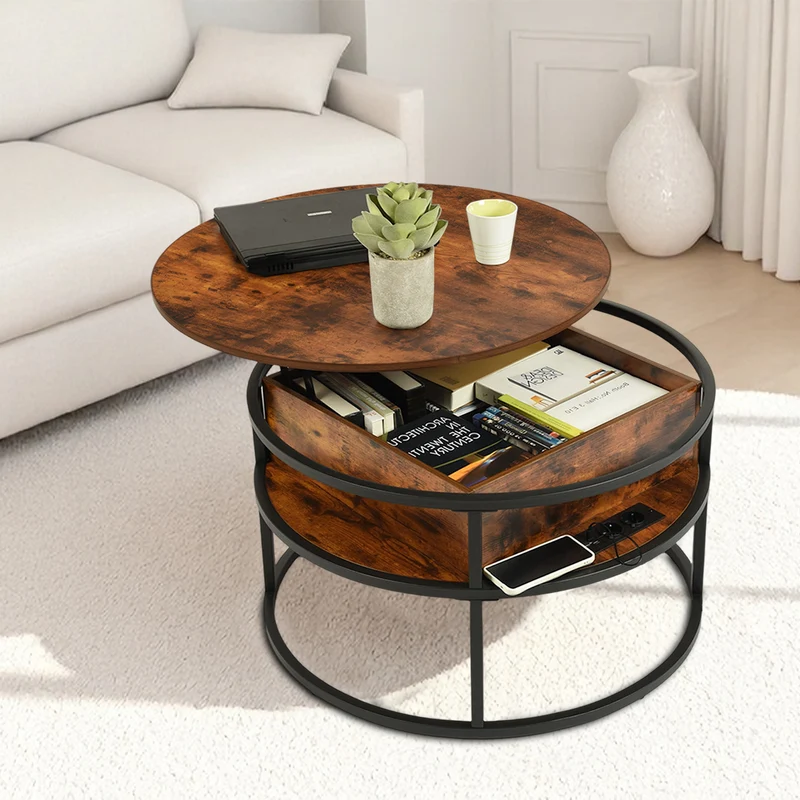 Table basse relevable pour salon avec compartiment caché et prises de courant