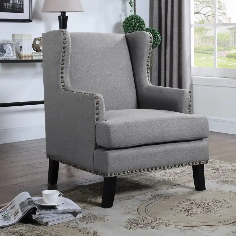 Fauteuil d'appoint à oreilles en lin classique, garniture cloutée, gris