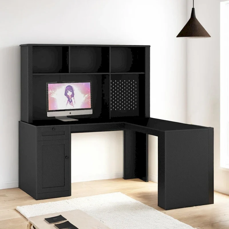 Bureau d'angle en L avec huche, étagère, tiroirs et lumière LED, noir