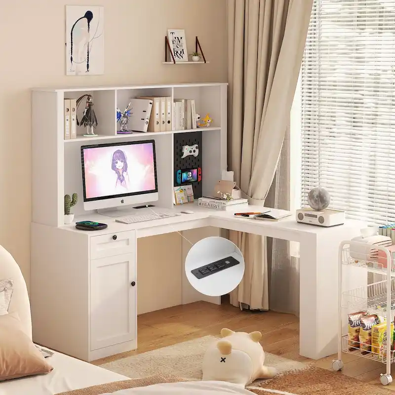 Bureau d'angle en L avec huche, étagère, tiroirs et lumière LED, noir