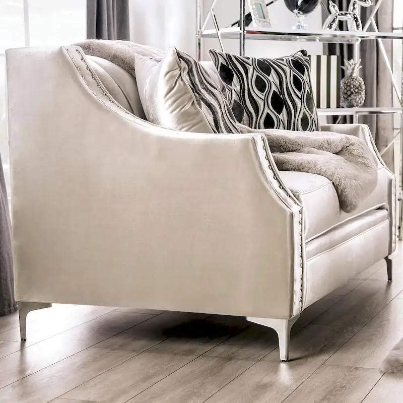 Causeuse en chenille capitonnée de style transitionnel avec passepoil clouté, accoudoirs inclinés et pieds espresso
