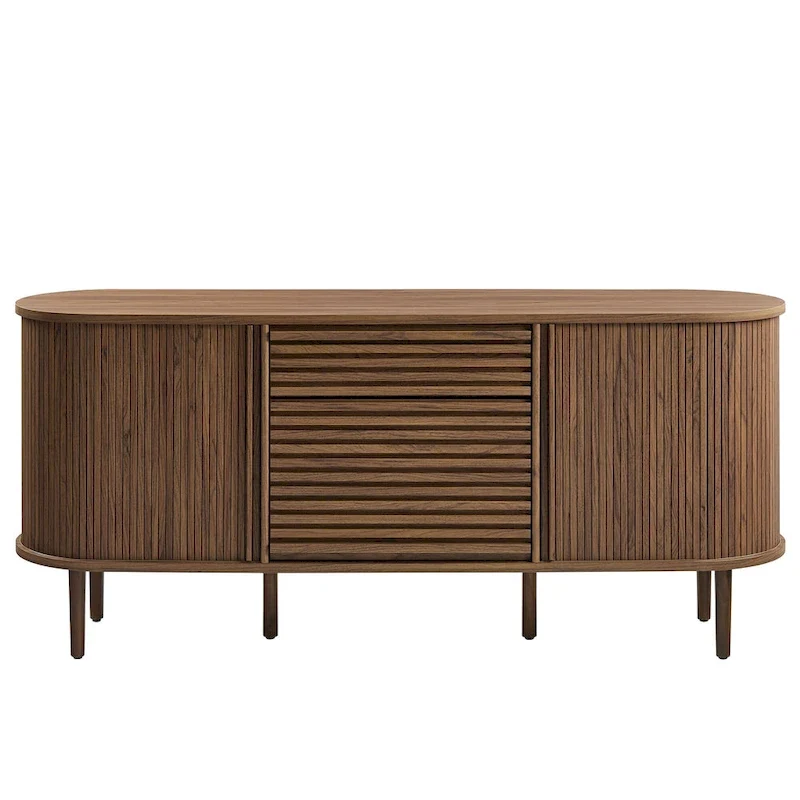 Buffet ovale cannelé en noyer avec portes coulissantes – Style Mid-Century Modern