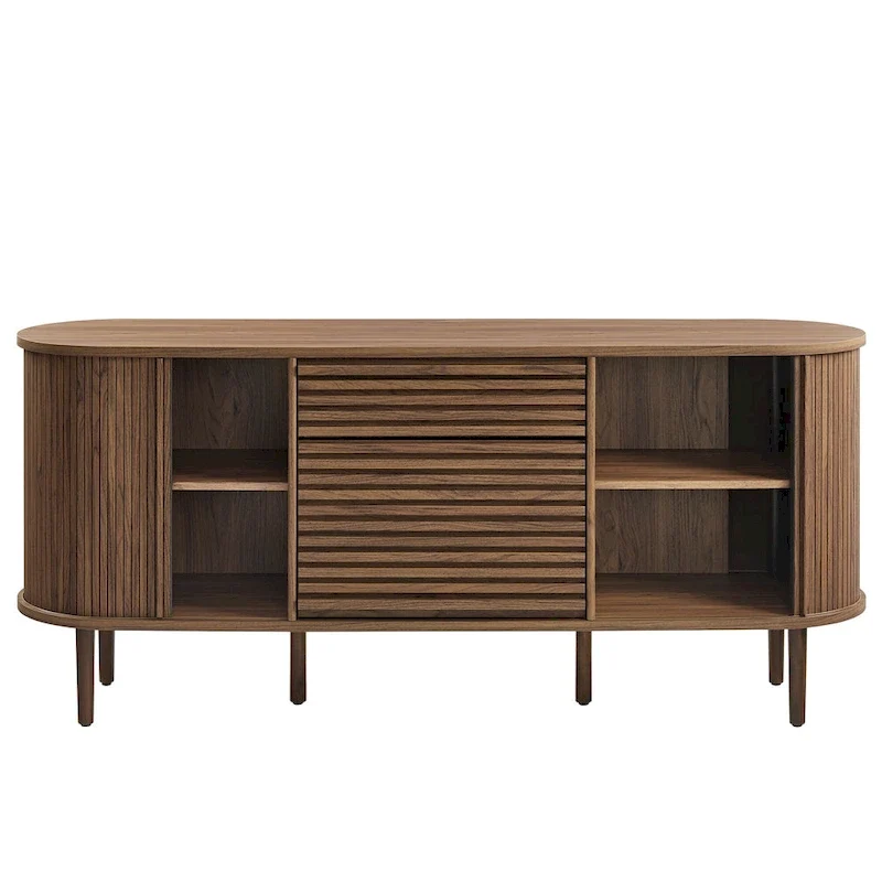 Buffet ovale cannelé en noyer avec portes coulissantes – Style Mid-Century Modern