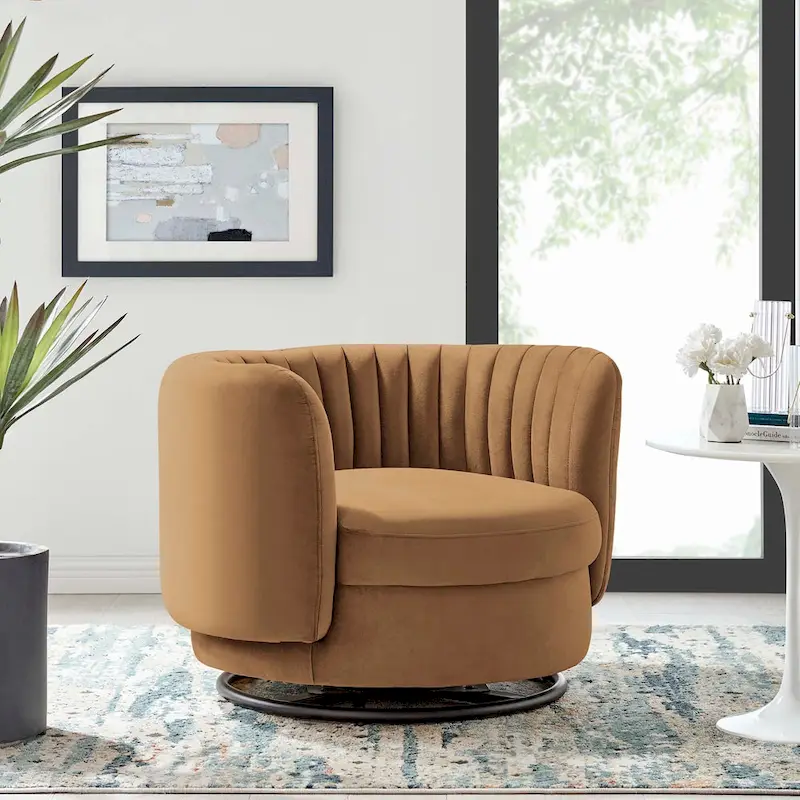 Fauteuil pivotant en velours capitonné avec dossier cannelé et base en métal noir