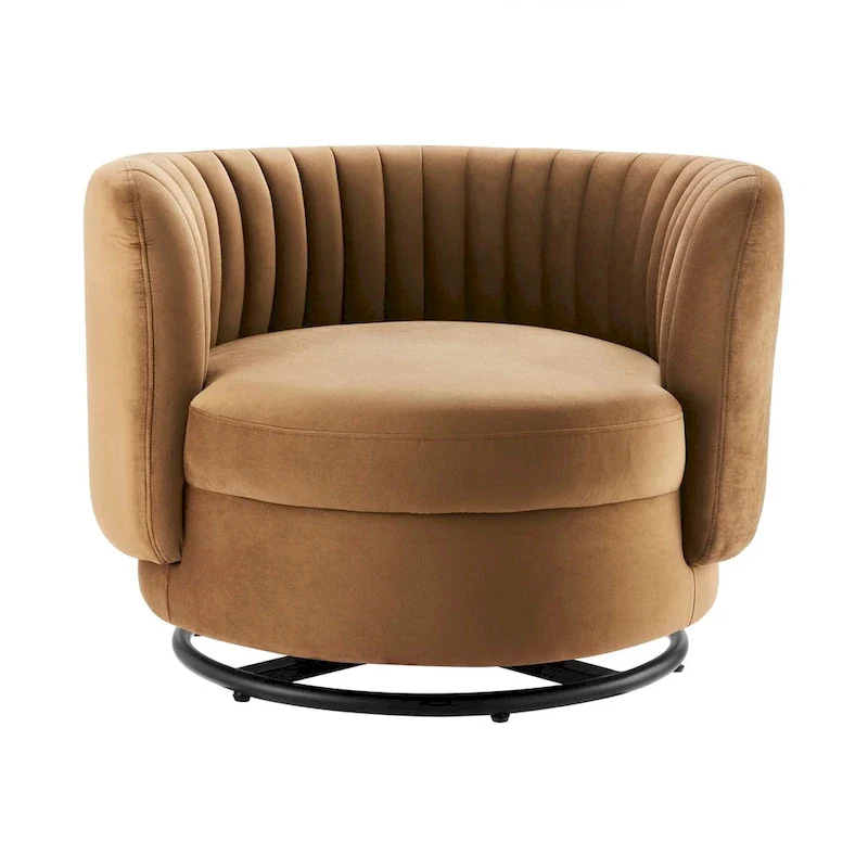 Fauteuil pivotant en velours capitonné avec dossier cannelé et base en métal noir