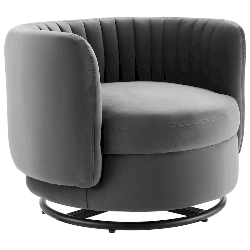 Fauteuil pivotant en velours capitonné avec dossier cannelé et base en métal noir