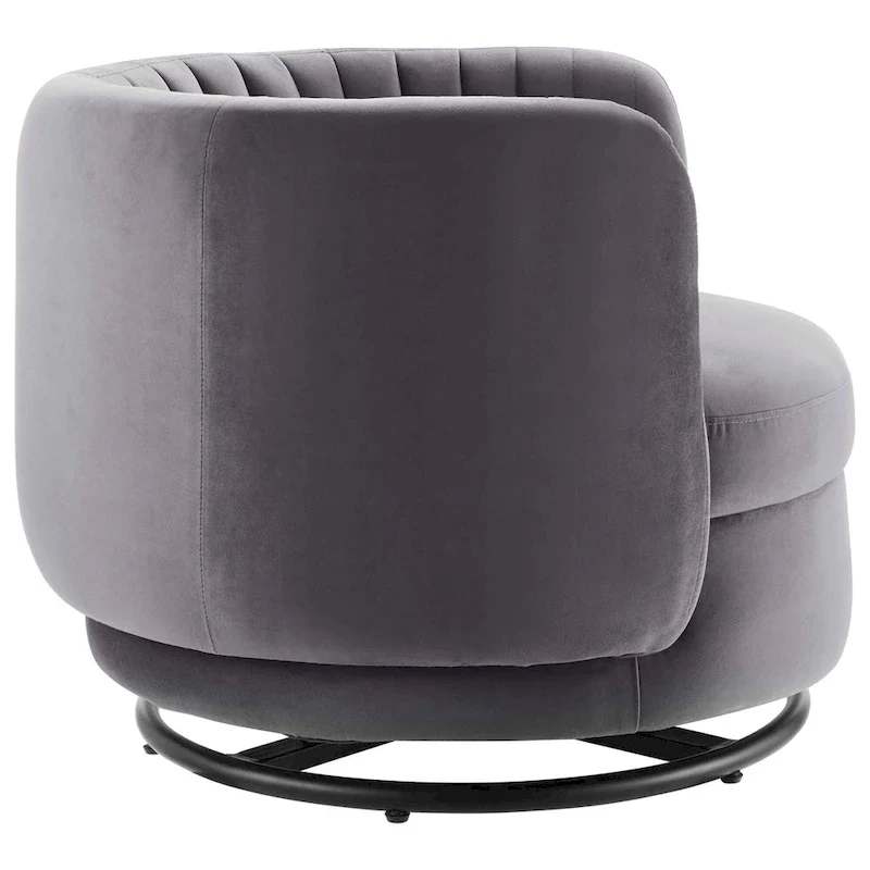 Fauteuil pivotant en velours capitonné avec dossier cannelé et base en métal noir