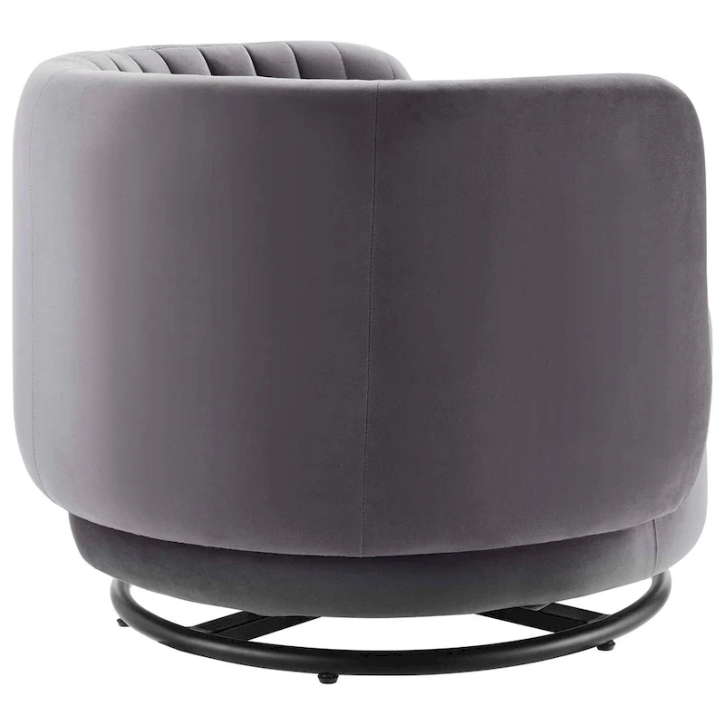 Fauteuil pivotant en velours capitonné avec dossier cannelé et base en métal noir