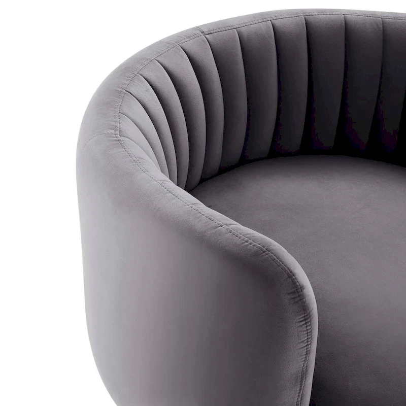 Fauteuil pivotant en velours capitonné avec dossier cannelé et base en métal noir