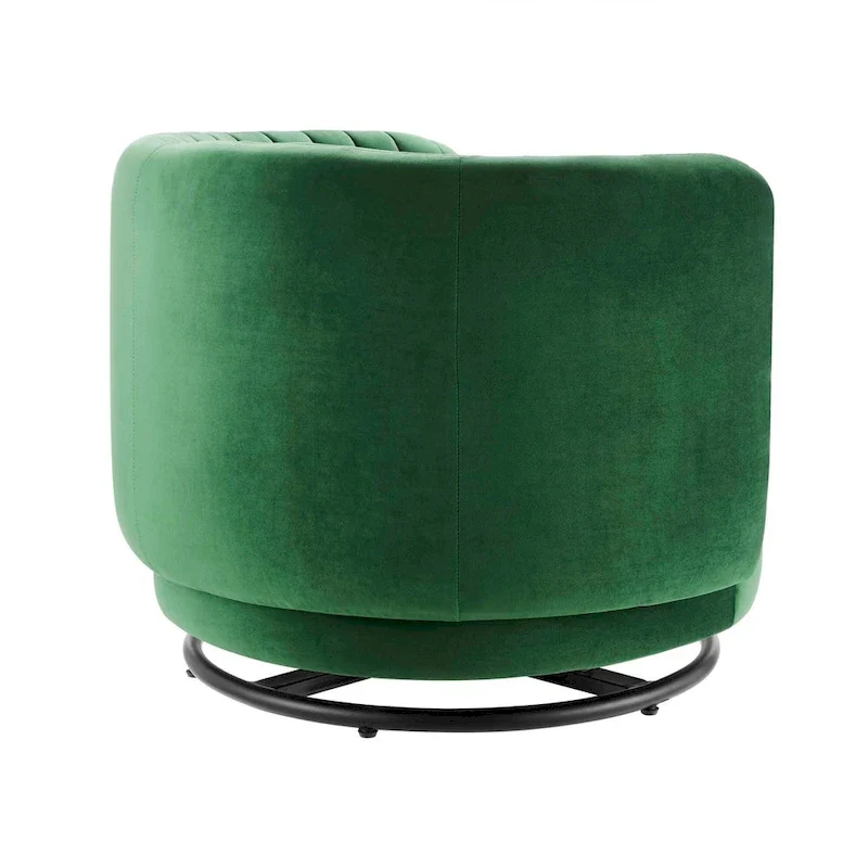 Fauteuil pivotant en velours capitonné avec dossier cannelé et base en métal noir