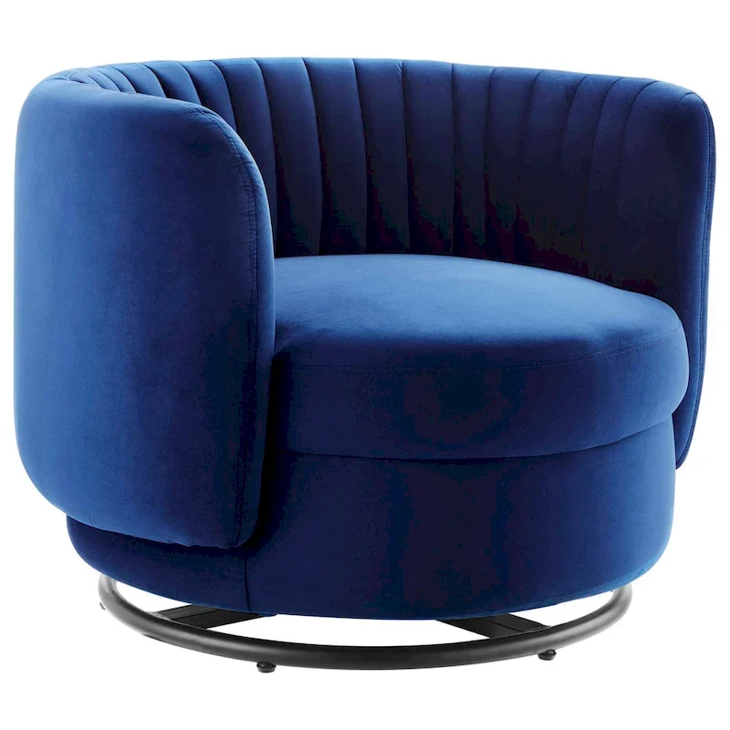 Fauteuil pivotant en velours capitonné avec dossier cannelé et base en métal noir