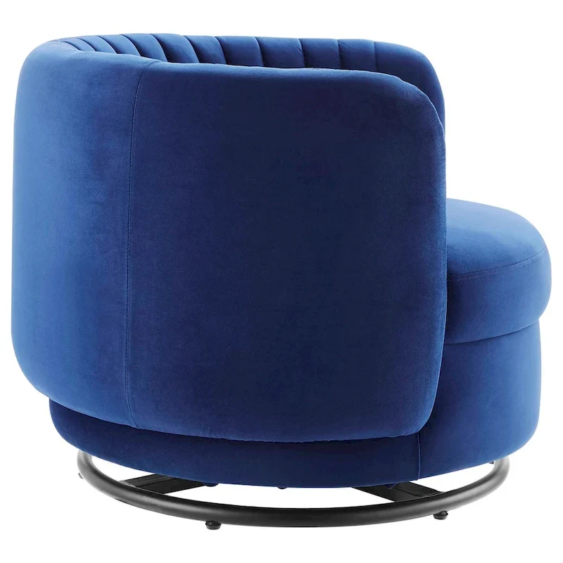 Fauteuil pivotant en velours capitonné avec dossier cannelé et base en métal noir