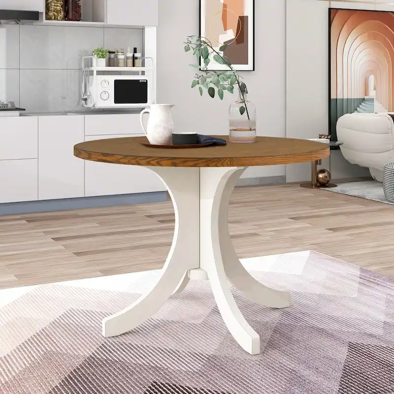 Table à manger ronde du milieu du siècle avec plateau en noyer et piétement central blanc