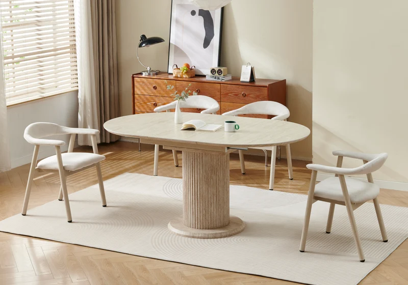 Ensemble table à manger extensible travertin et 4 chaises - Leon