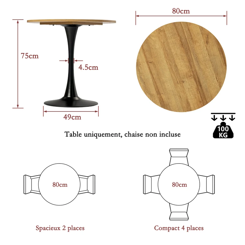 Ensemble de salle à manger composé d'une table ronde en chêne et de deux fauteuils en tissu beige, scandinave pour la salle à manger