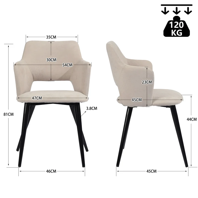 Ensemble table à manger extensible noire et 6 fauteuils en tissu beige de style scandinave