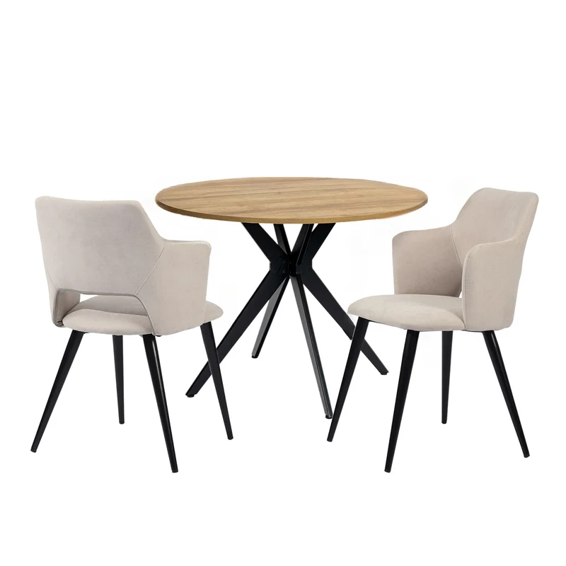 Ensemble table à manger ronde en chêne avec pieds en forme de X et 2 fauteuils en tissu beige de style scandinave pour salle à manger