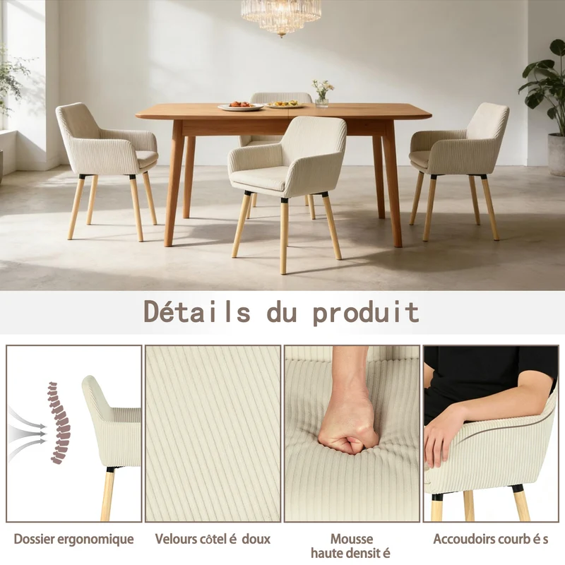 Lot de 2 chaises de salle à manger de style scandinave avec pieds en bois et accoudoirs en velours côtelé beige - ELIA