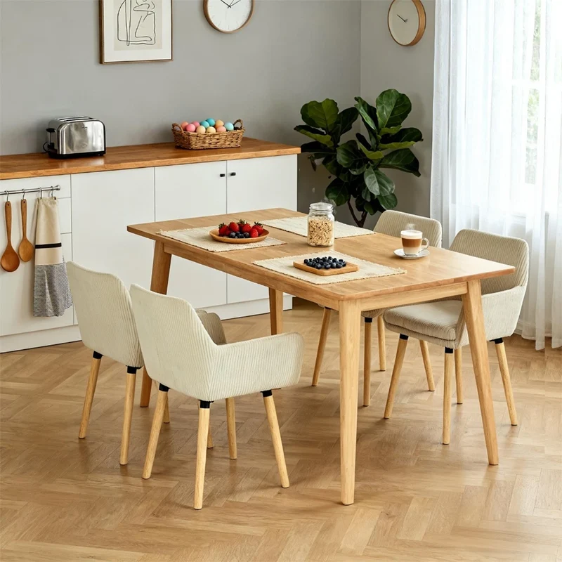 Lot de 4 chaises de salle à manger de style scandinave avec pieds en bois et accoudoirs en velours côtelé beige - ELIA