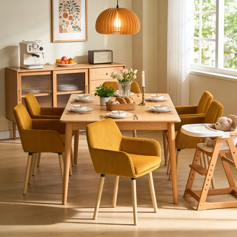 Lot de 6 chaises de salle à manger de style scandinave avec pieds en bois et accoudoirs en velours côtelé jaune - ELIA