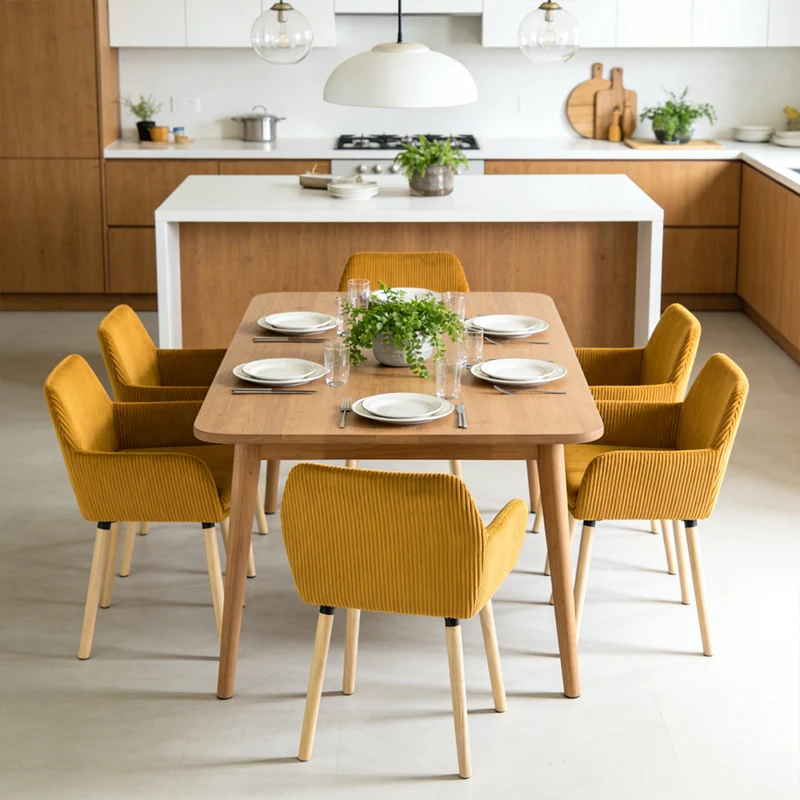 Lot de 6 chaises de salle à manger de style scandinave avec pieds en bois et accoudoirs en velours côtelé jaune - ELIA