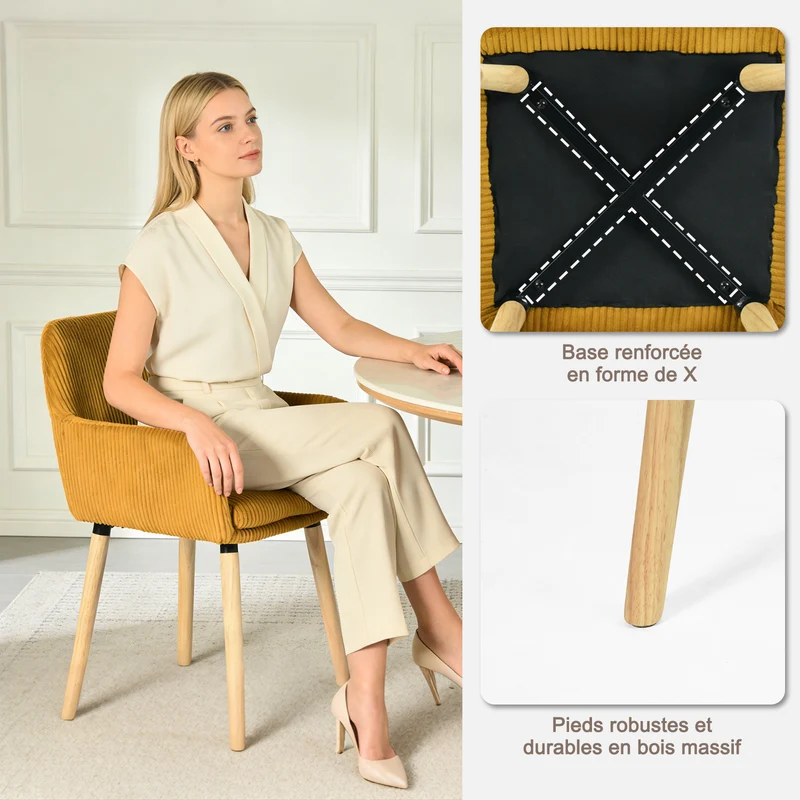 Lot de 4 chaises de salle à manger de style scandinave avec pieds en bois et accoudoirs en velours côtelé jaune - ELIA