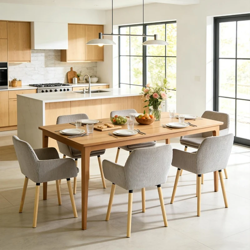 Lot de 6 chaises de salle à manger de style scandinave avec pieds en bois et accoudoirs en velours côtelé gris - ELIA