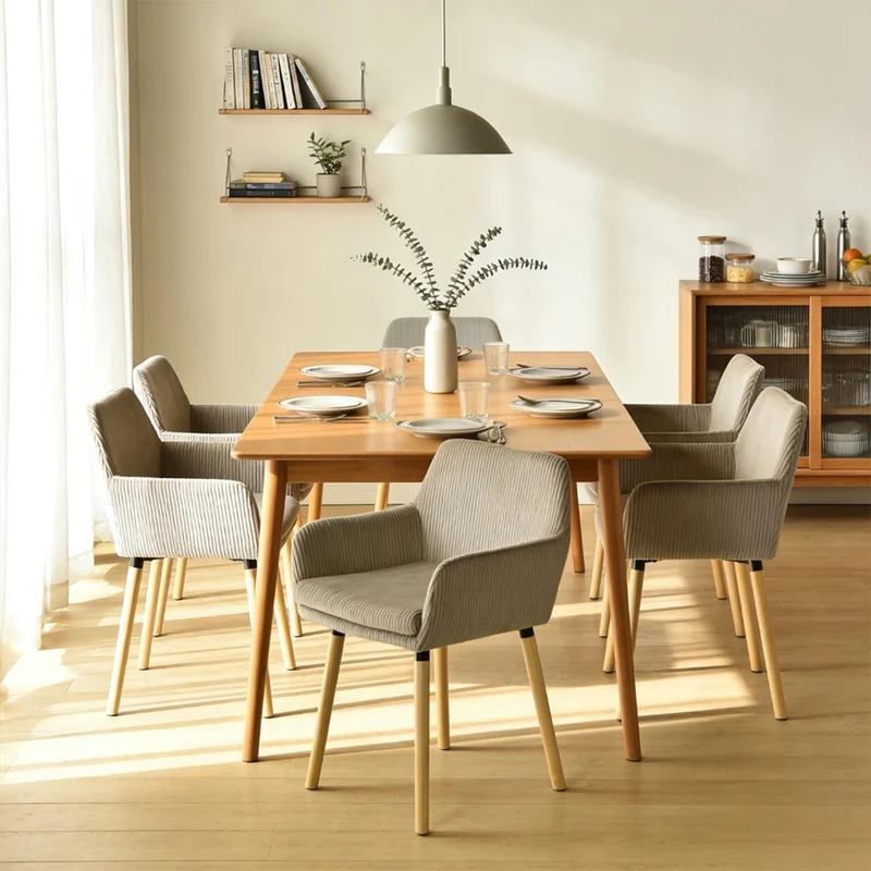 Lot de 6 chaises de salle à manger de style scandinave avec pieds en bois et accoudoirs en velours côtelé gris - ELIA