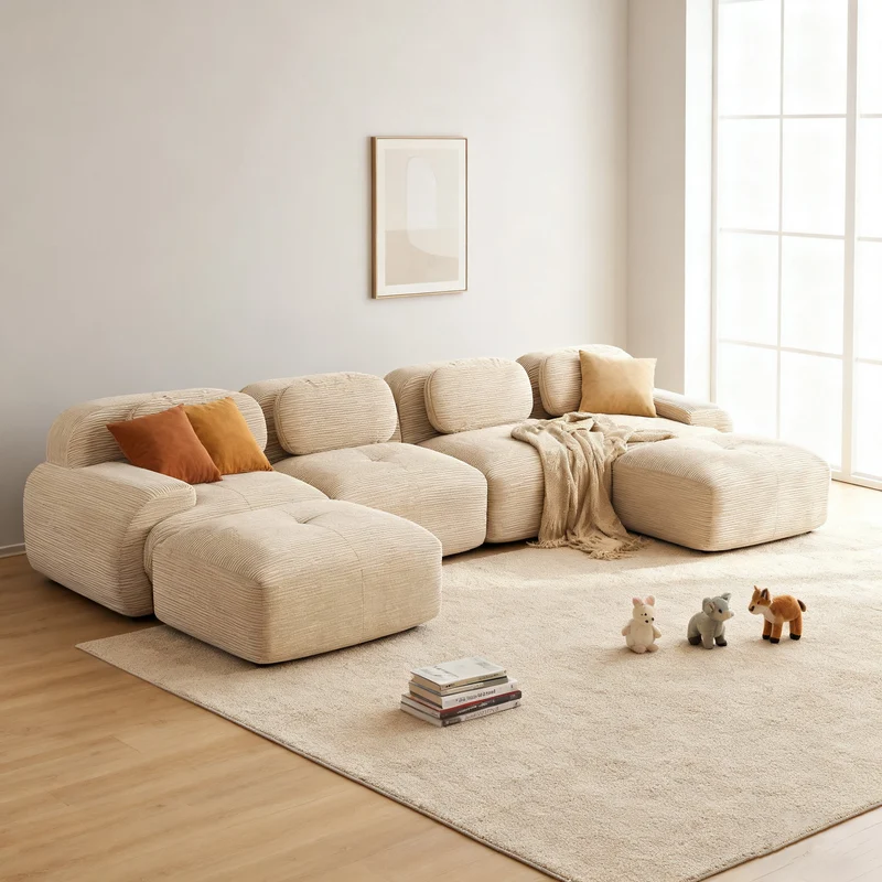 Ensemble de canapés avec accoudoirs incurvés et base antidérapante en tissu velours côtelé doux pour le salon, beige,siège4+tabouret2