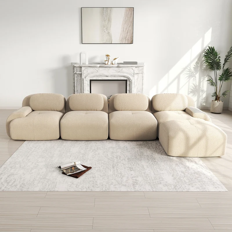 Ensemble de canapés avec accoudoirs incurvés et base antidérapante en tissu velours côtelé doux pour le salon, beige,siège4+tabouret1