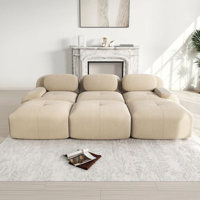 Ensemble de canapés avec accoudoirs incurvés et base antidérapante en tissu velours côtelé doux pour le salon, beige,siège3+tabouret3