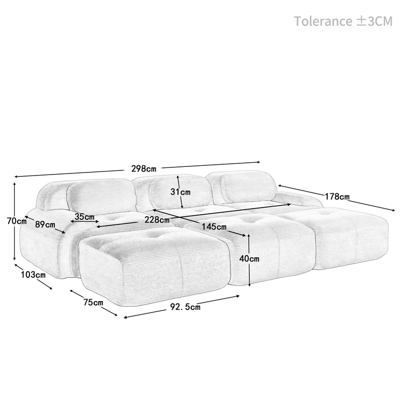 Ensemble de canapés avec accoudoirs incurvés et base antidérapante en tissu velours côtelé doux pour le salon, beige,siège3+tabouret3
