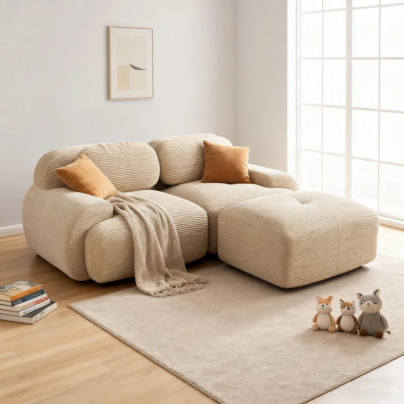 Ensemble de canapés avec accoudoirs incurvés et base antidérapante en tissu velours côtelé doux pour le salon, beige,siège2+tabouret1