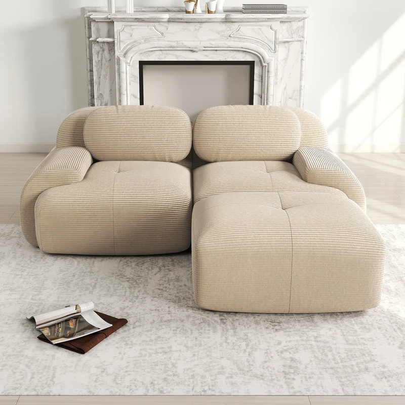 Ensemble de canapés avec accoudoirs incurvés et base antidérapante en tissu velours côtelé doux pour le salon, beige,siège2+tabouret1