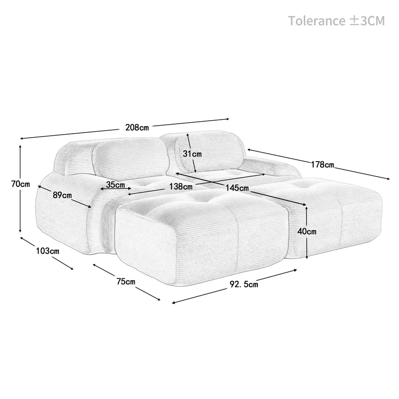Ensemble de canapés avec accoudoirs incurvés et base antidérapante en tissu velours côtelé doux pour le salon, beige,siège2+tabouret2
