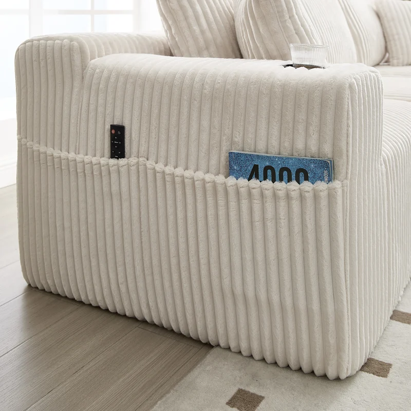 Ensemble canapé avec coussins, poches latérales et porte-gobelets en velours côtelé doux pour salon, blanc
