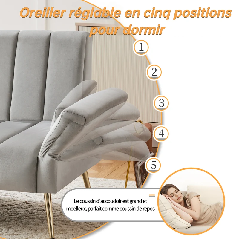 Sofa-lit pliant moderne en velours 183x76x75 cm â€?Réglable en 5 angles, pieds métalliques, idéal pour salon et chambre d’invités