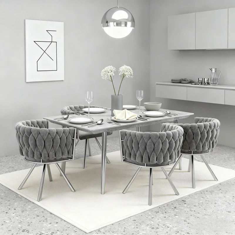 Lot de 4 chaises de salle à manger pivotantes en velours gris avec pieds en métal argenté